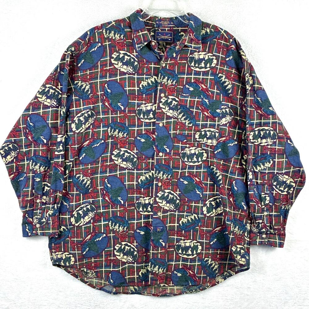 VTG Arrow Flannel Shirt Mens XL Red Plaid Outdoors Nature Mountains Trees AOP